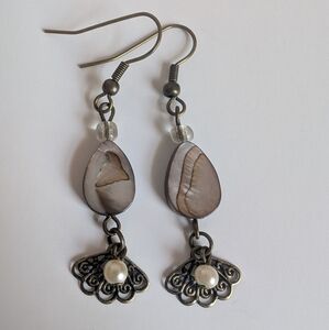 Handmade Art Nouveau Vintage Style Bronze Pearl Abolone Shell Drop Earrings